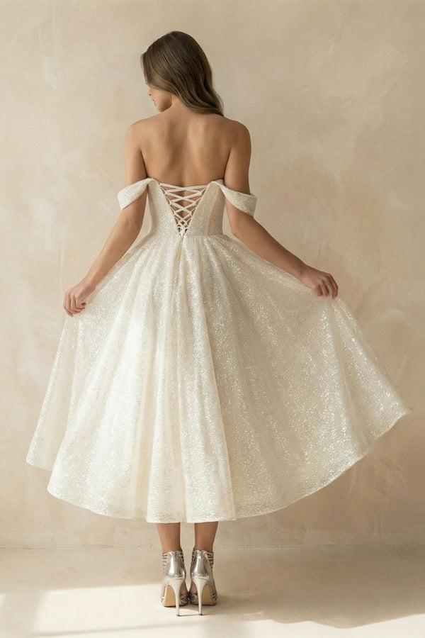 A Line Sequined Tea Length Wedding Dress in Ivory - KissProm Wedding Dresses