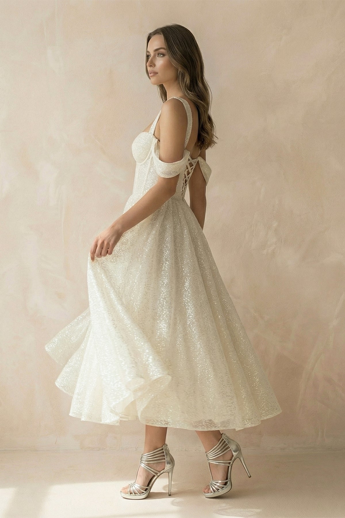 A-Line Sparkly Sequined Tea-Length Wedding Dresses, Diamond White / 4