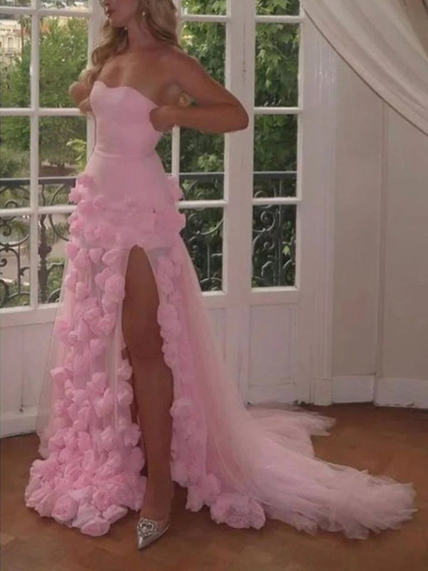 KissProm-A Line Sexy Sweetheart Sleeveless Pink Slit Flowers Prom Dress