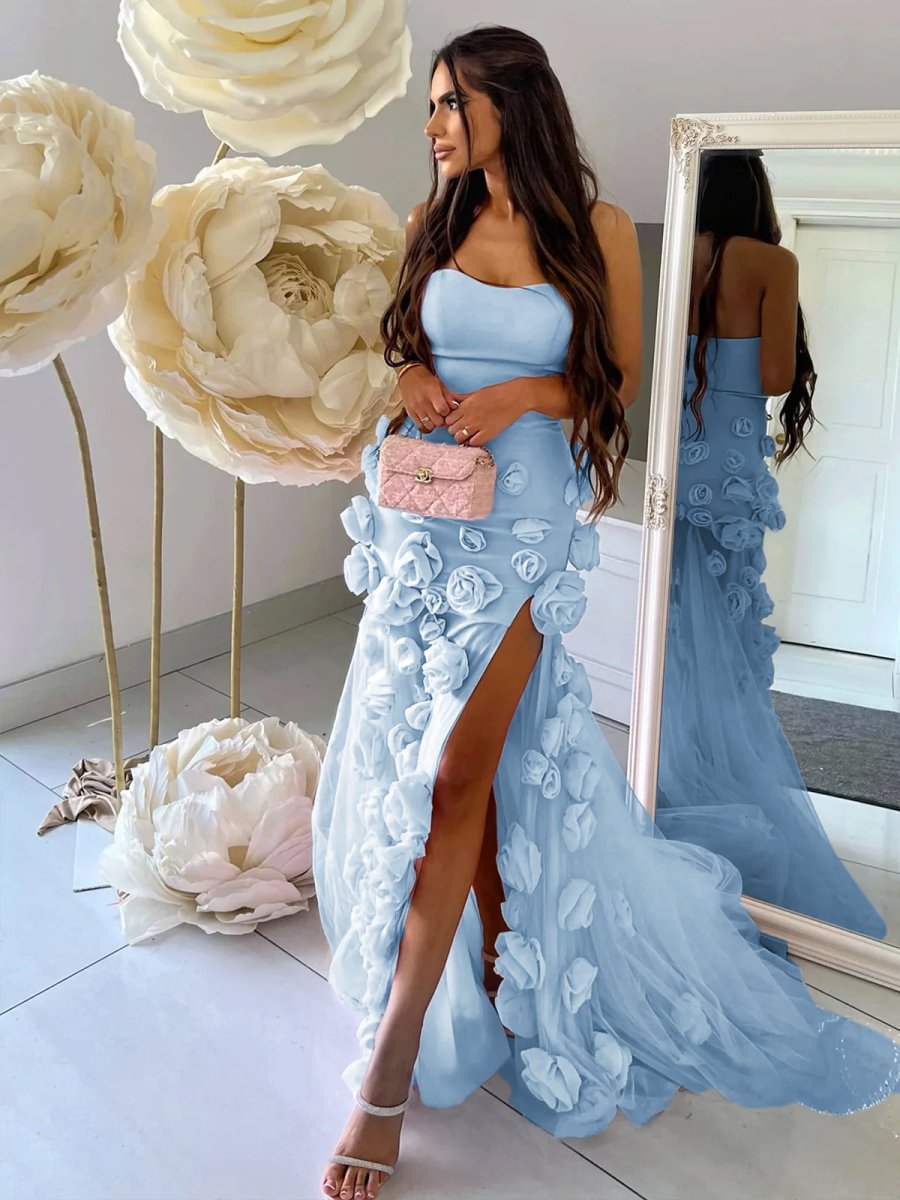 KissProm-A Line Sexy Sweetheart Sleeveless Blue Slit Flowers Prom Dress