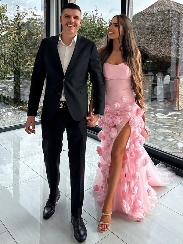 KissProm-A Line Sexy Sweetheart Sleeveless Pink Slit Flowers Prom Dress