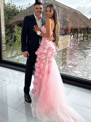 KissProm-A Line Sexy Sweetheart Sleeveless Pink Slit Flowers Prom Dress