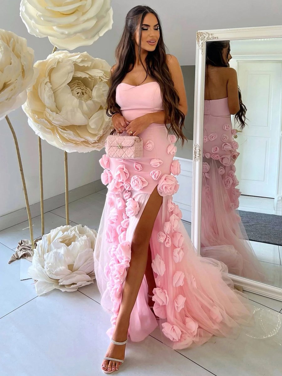 KissProm-A Line Sexy Sweetheart Sleeveless Pink Slit Flowers Prom Dress