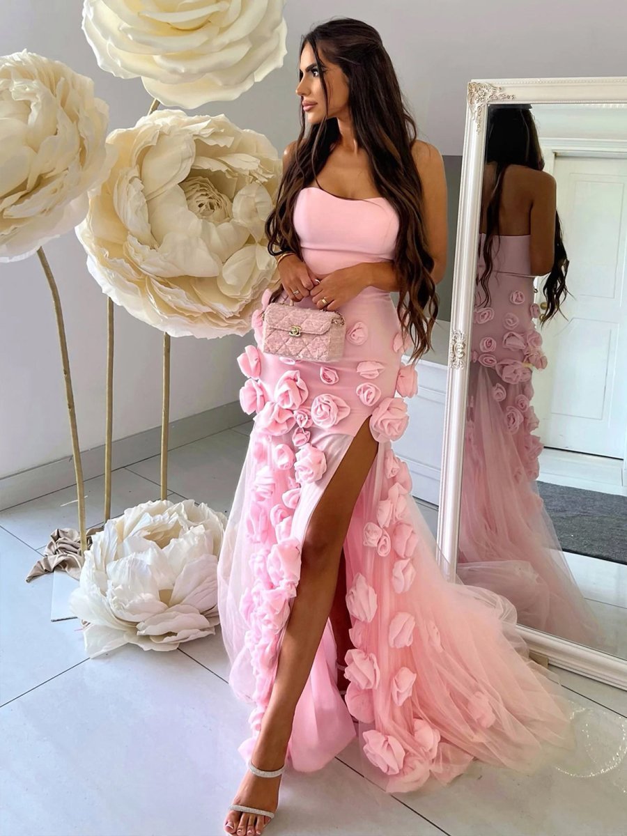 KissProm A line Sexy Strapless Sleeveless Pink Slit Flowers Prom Dress, Pink / 18