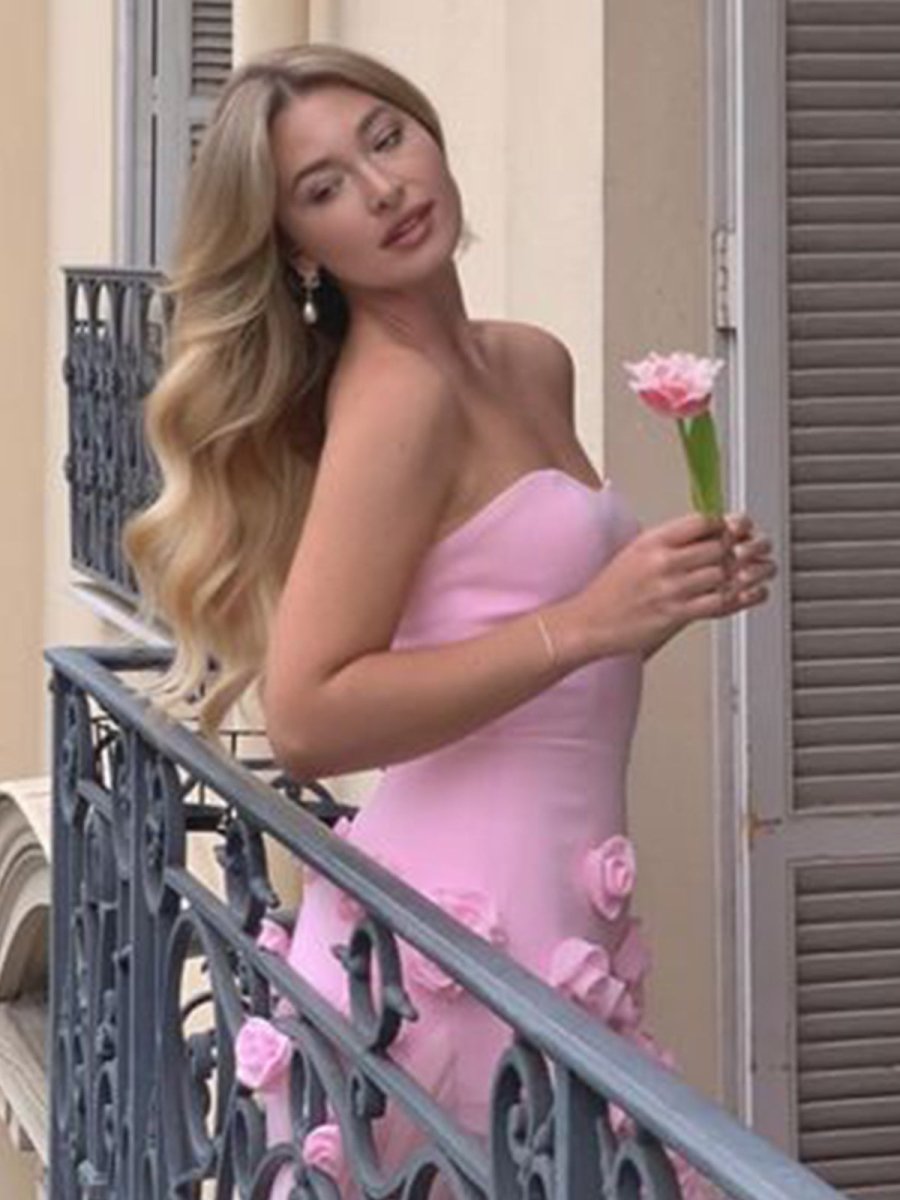 KissProm-A Line Sexy Sweetheart Sleeveless Pink Slit Flowers Prom Dress