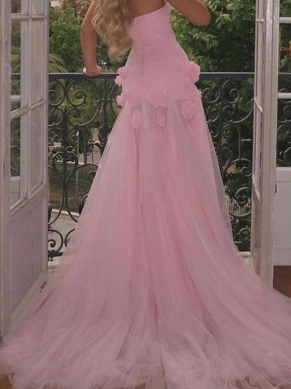 KissProm-A Line Sexy Sweetheart Sleeveless Pink Slit Flowers Prom Dress