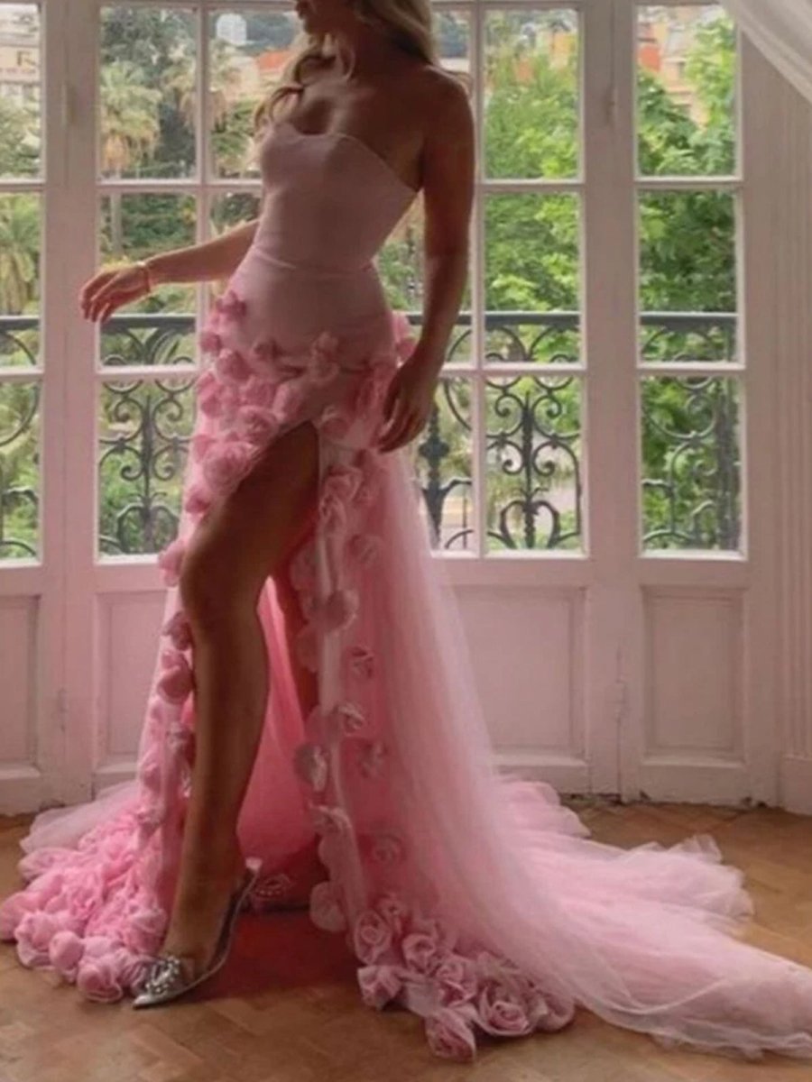 A line Sexy Strapless Sleeveless Pink Slit Flowers Prom Dress Pink / 18 A line Sexy Strapless Sleeveless Pink Slit Flowers Prom Dress Pink / 18