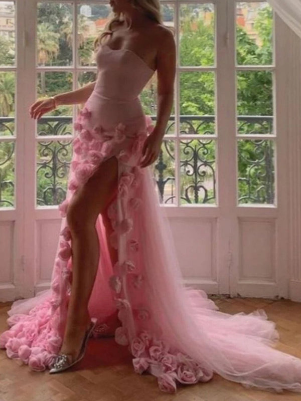 KissProm-A Line Sexy Sweetheart Sleeveless Pink Slit Flowers Prom Dress