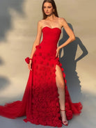KissProm-A Line Sexy Sweetheart Sleeveless Red Slit Flowers Prom Dress