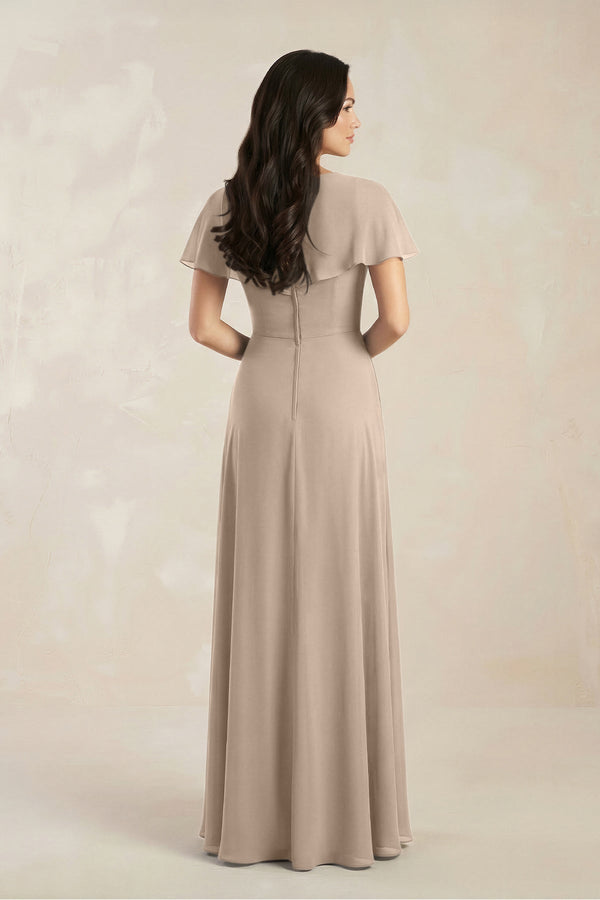 A - Line Short Sleeve Chiffon V - Neck Bridesmaid Dress in Almond - KissProm Bridesmaid Dresses