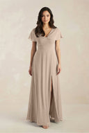 A - Line Short Sleeve Chiffon V - Neck Bridesmaid Dress in Almond - KissProm Bridesmaid Dresses