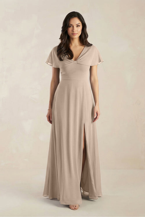 A - Line Short Sleeve Chiffon V - Neck Bridesmaid Dress in Almond - KissProm Bridesmaid Dresses
