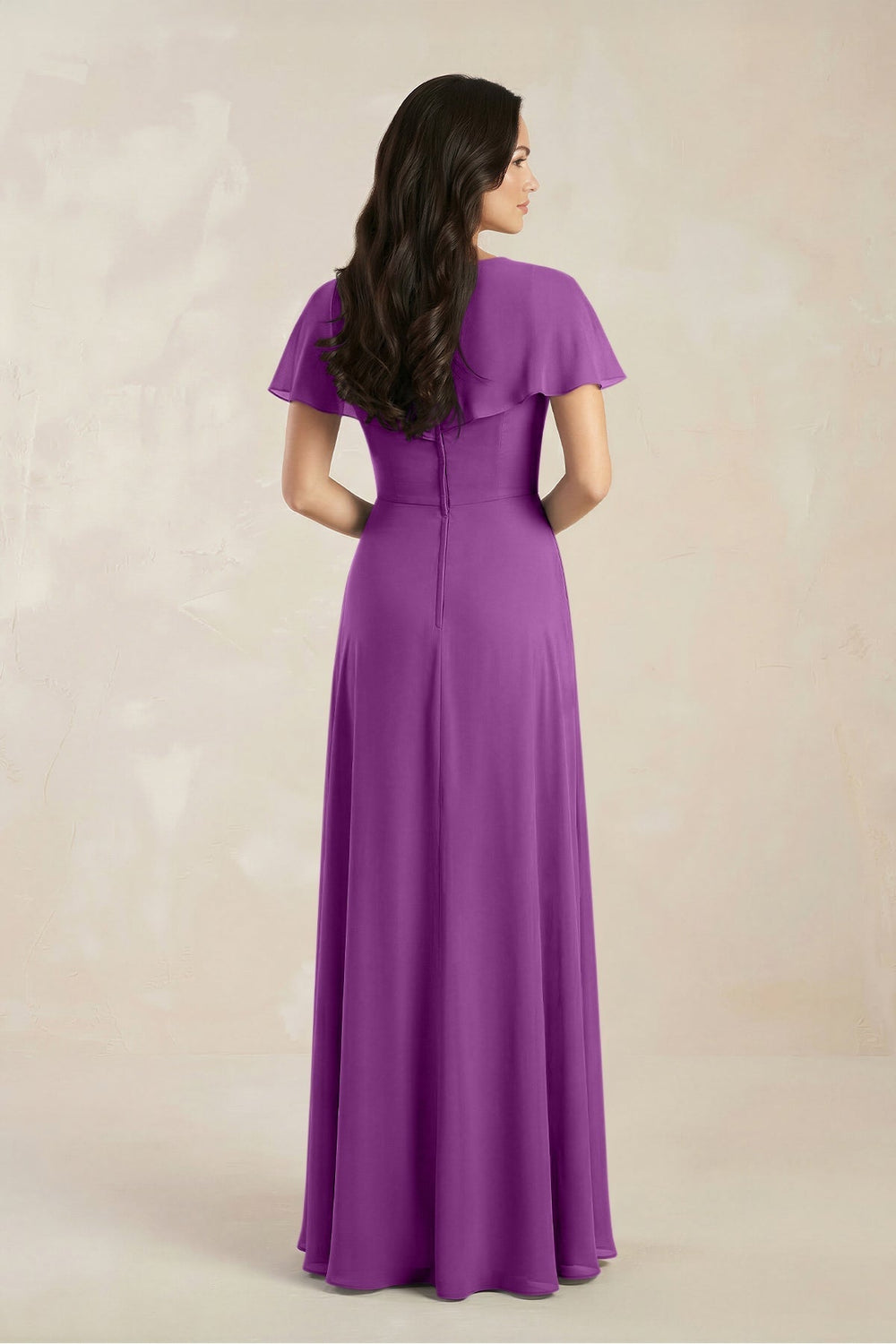 A - Line Short Sleeve Chiffon V - Neck Bridesmaid Dress in Amethyst - KissProm Bridesmaid Dresses