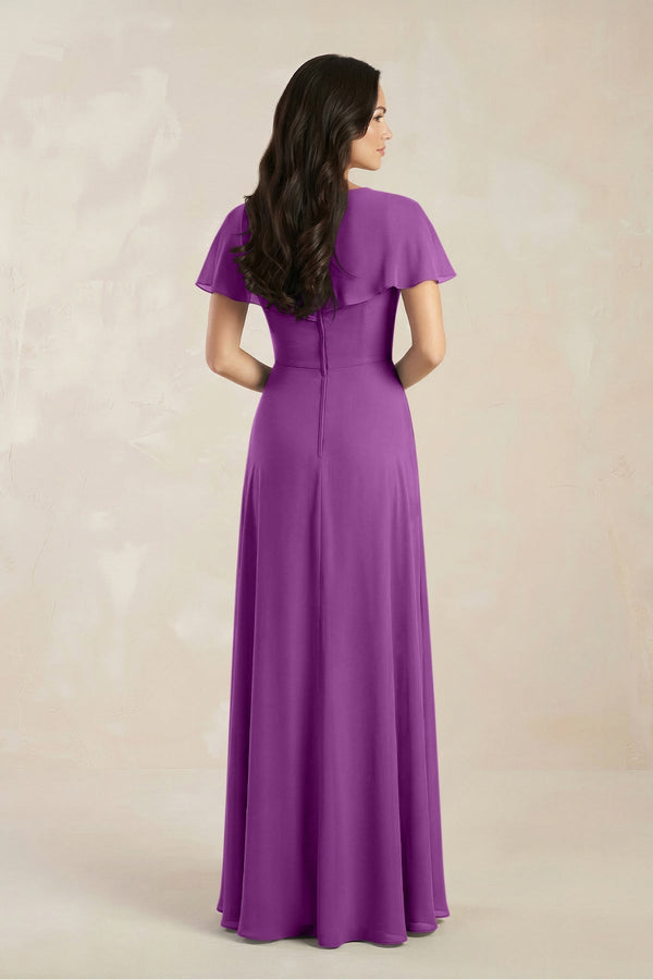 A - Line Short Sleeve Chiffon V - Neck Bridesmaid Dress in Amethyst - KissProm Bridesmaid Dresses