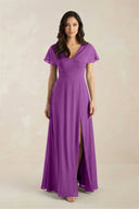 A - Line Short Sleeve Chiffon V - Neck Bridesmaid Dress in Amethyst - KissProm Bridesmaid Dresses