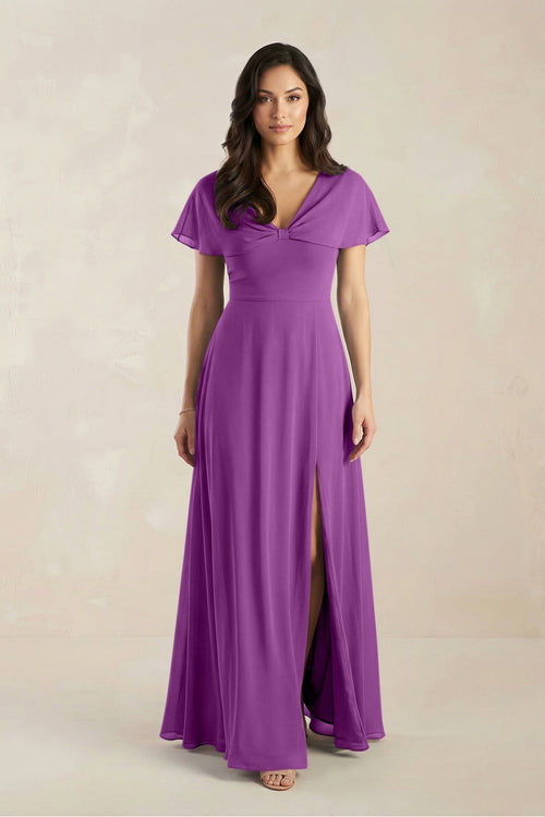 A - Line Short Sleeve Chiffon V - Neck Bridesmaid Dress in Amethyst - KissProm Bridesmaid Dresses