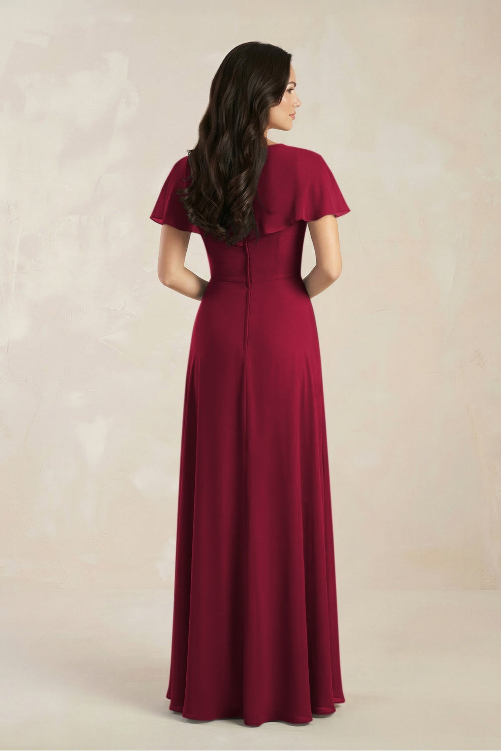 A - Line Short Sleeve Chiffon V - Neck Bridesmaid Dress in Berry - KissProm Bridesmaid Dresses