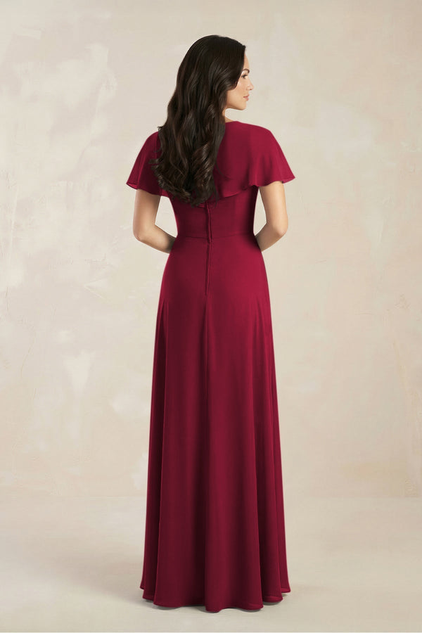 A - Line Short Sleeve Chiffon V - Neck Bridesmaid Dress in Berry - KissProm Bridesmaid Dresses