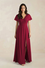 A - Line Short Sleeve Chiffon V - Neck Bridesmaid Dress in Berry - KissProm Bridesmaid Dresses
