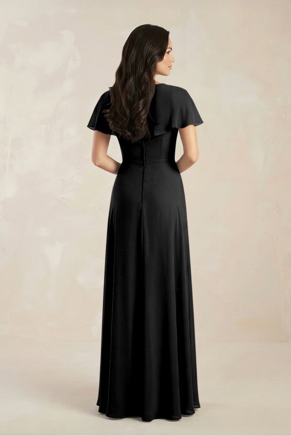 A - Line Short Sleeve Chiffon V - Neck Bridesmaid Dress in Black - KissProm Bridesmaid Dresses