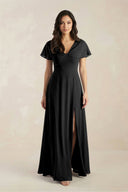 A - Line Short Sleeve Chiffon V - Neck Bridesmaid Dress in Black - KissProm Bridesmaid Dresses