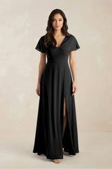 A - Line Short Sleeve Chiffon V - Neck Bridesmaid Dress in Black - KissProm Bridesmaid Dresses