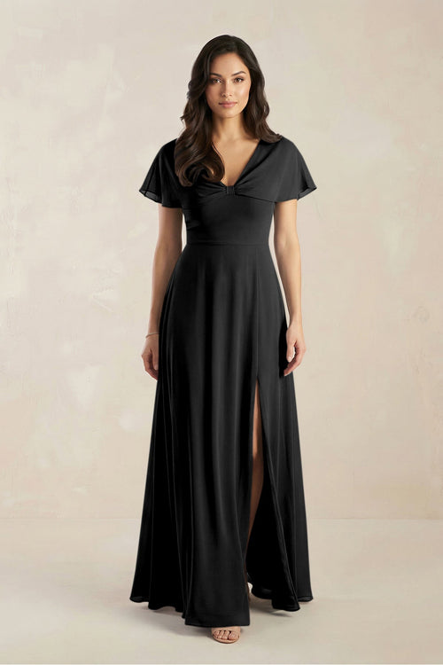 A - Line Short Sleeve Chiffon V - Neck Bridesmaid Dress in Black - KissProm Bridesmaid Dresses