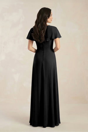 A - Line Short Sleeve Chiffon V - Neck Bridesmaid Dress in Black - KissProm Bridesmaid Dresses