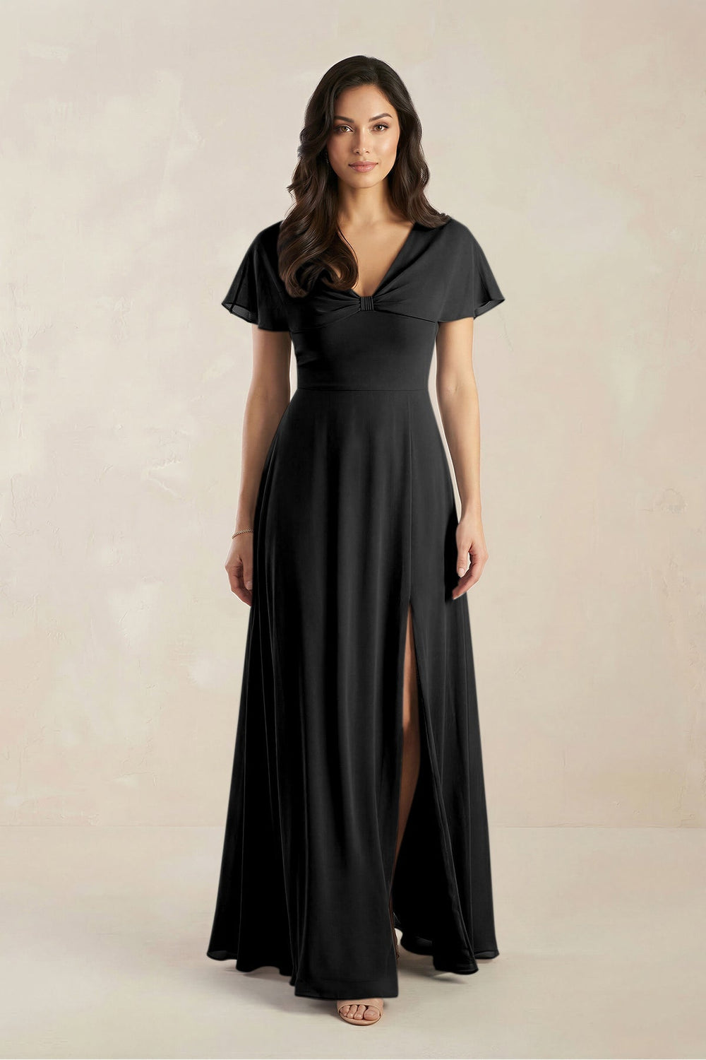 A - Line Short Sleeve Chiffon V - Neck Bridesmaid Dress in Black - KissProm Bridesmaid Dresses