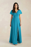 A - Line Short Sleeve Chiffon V - Neck Bridesmaid Dress in Blue Jay - KissProm Bridesmaid Dresses