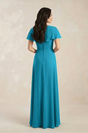 A - Line Short Sleeve Chiffon V - Neck Bridesmaid Dress in Blue Jay - KissProm Bridesmaid Dresses