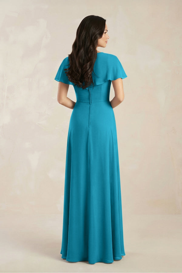 A - Line Short Sleeve Chiffon V - Neck Bridesmaid Dress in Blue Jay - KissProm Bridesmaid Dresses