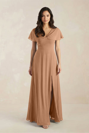 A - Line Short Sleeve Chiffon V - Neck Bridesmaid Dress in Bronzer - KissProm Bridesmaid Dresses