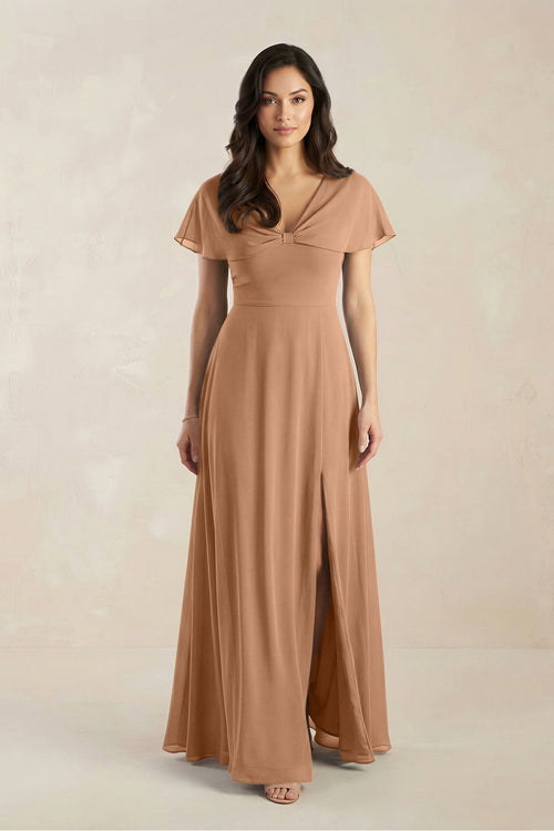 A - Line Short Sleeve Chiffon V - Neck Bridesmaid Dress in Bronzer - KissProm Bridesmaid Dresses
