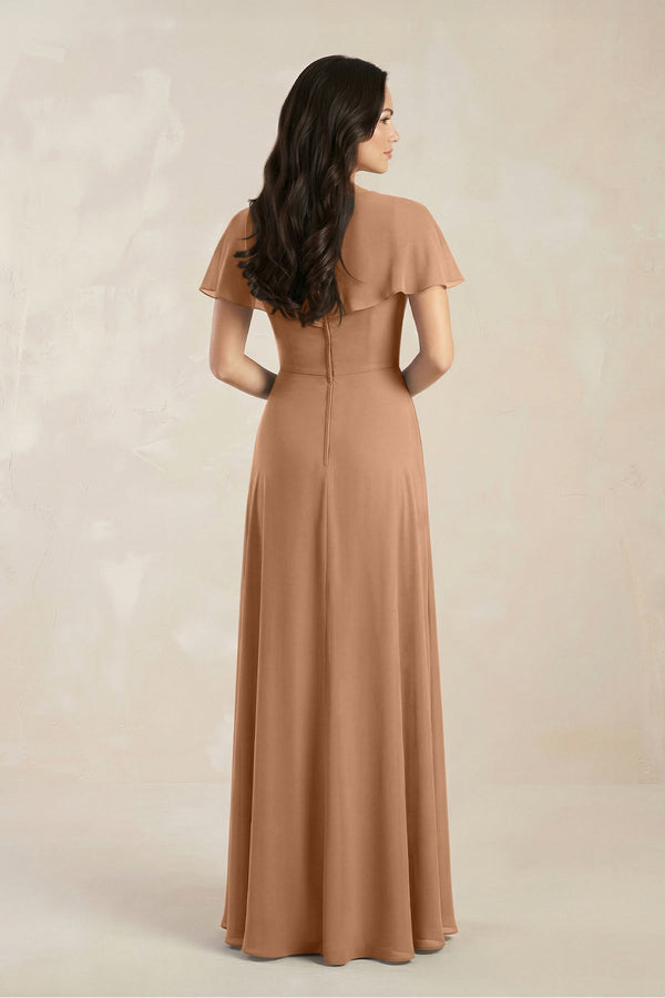 A - Line Short Sleeve Chiffon V - Neck Bridesmaid Dress in Bronzer - KissProm Bridesmaid Dresses