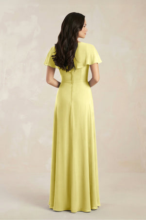 A - Line Short Sleeve Chiffon V - Neck Bridesmaid Dress in Buttercup - KissProm Bridesmaid Dresses