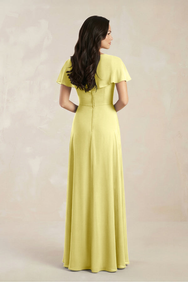 A - Line Short Sleeve Chiffon V - Neck Bridesmaid Dress in Buttercup - KissProm Bridesmaid Dresses