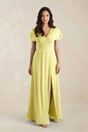 A - Line Short Sleeve Chiffon V - Neck Bridesmaid Dress in Buttercup - KissProm Bridesmaid Dresses