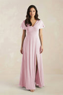 A - Line Short Sleeve Chiffon V - Neck Bridesmaid Dress in Candy Pink - KissProm Bridesmaid Dresses