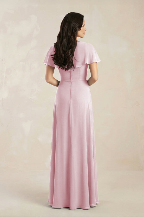A - Line Short Sleeve Chiffon V - Neck Bridesmaid Dress in Candy Pink - KissProm Bridesmaid Dresses