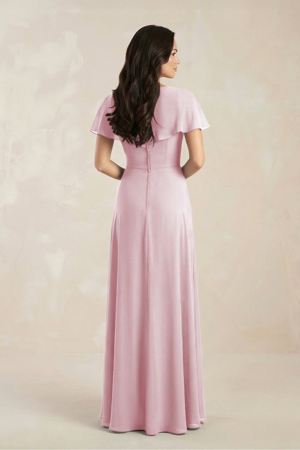 A - Line Short Sleeve Chiffon V - Neck Bridesmaid Dress in Candy Pink - KissProm Bridesmaid Dresses