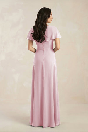 A - Line Short Sleeve Chiffon V - Neck Bridesmaid Dress in Candy Pink - KissProm Bridesmaid Dresses