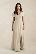 A - Line Short Sleeve Chiffon V - Neck Bridesmaid Dress in Champagne - KissProm Bridesmaid Dresses