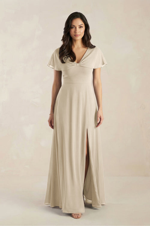 A - Line Short Sleeve Chiffon V - Neck Bridesmaid Dress in Champagne - KissProm Bridesmaid Dresses