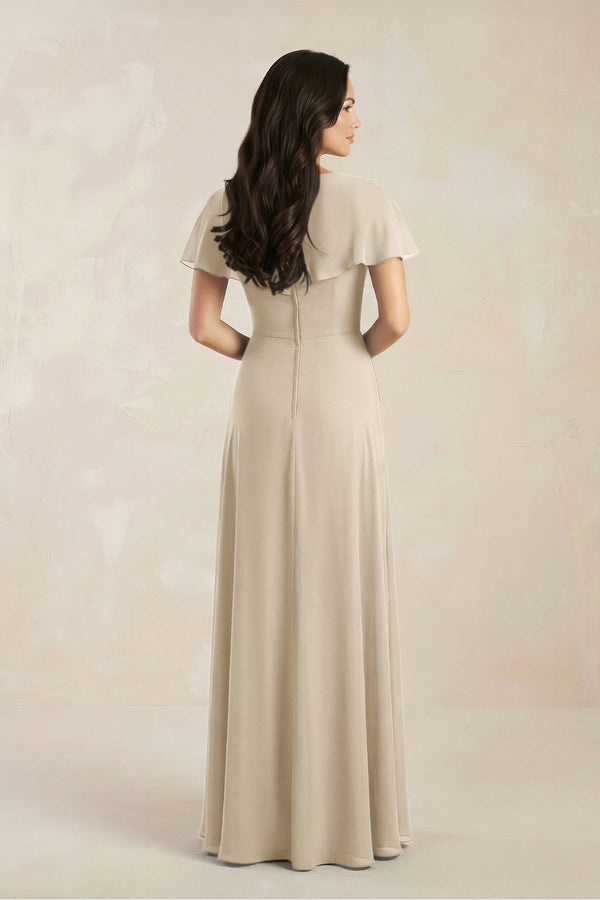 A - Line Short Sleeve Chiffon V - Neck Bridesmaid Dress in Champagne - KissProm Bridesmaid Dresses