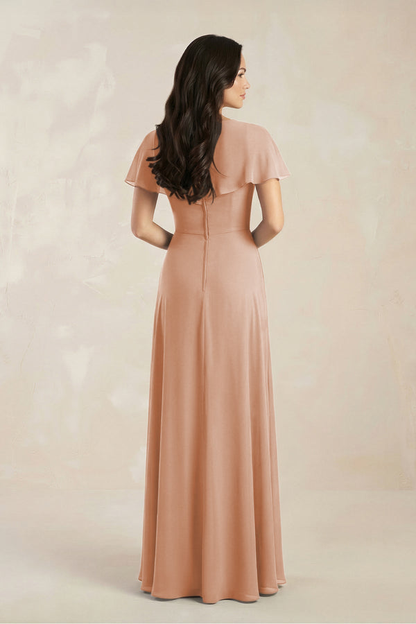 A - Line Short Sleeve Chiffon V - Neck Bridesmaid Dress in Champagne Rose - KissProm Bridesmaid Dresses