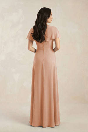 A - Line Short Sleeve Chiffon V - Neck Bridesmaid Dress in Champagne Rose - KissProm Bridesmaid Dresses