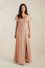 A - Line Short Sleeve Chiffon V - Neck Bridesmaid Dress in Champagne Rose - KissProm Bridesmaid Dresses