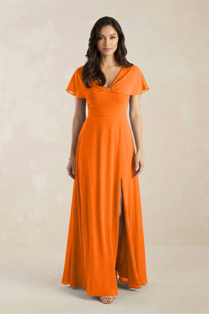 A - Line Short Sleeve Chiffon V - Neck Bridesmaid Dress in Cinnamon - KissProm Bridesmaid Dresses