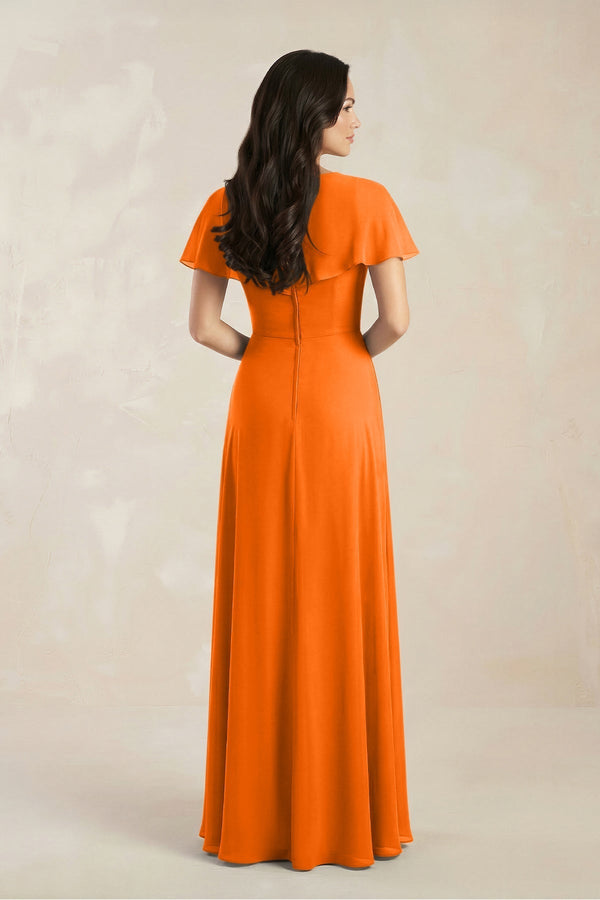 A - Line Short Sleeve Chiffon V - Neck Bridesmaid Dress in Cinnamon - KissProm Bridesmaid Dresses